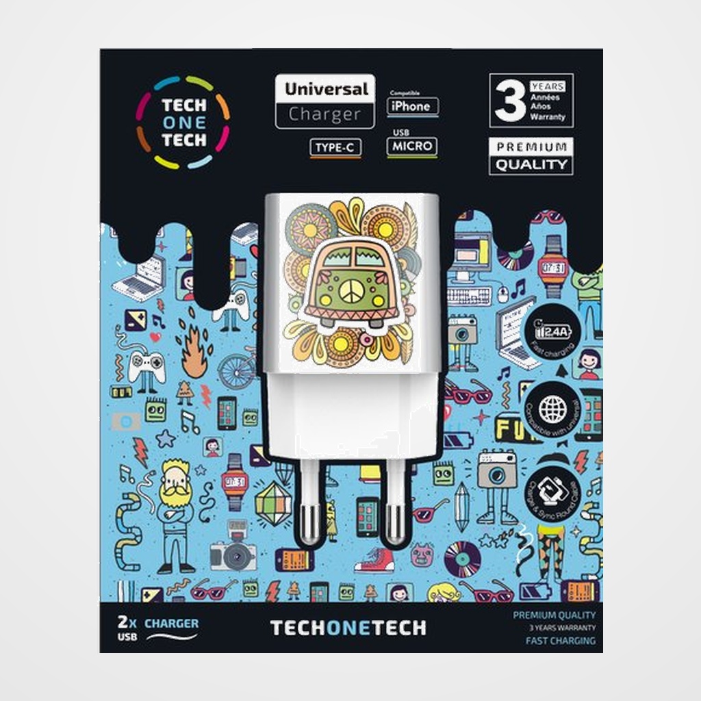 CARGADOR TECH-ONE-TECH DOBLE DE PARED 2xUSB GREEN CAMPER ALTO RENDIMIENTO 2,4A