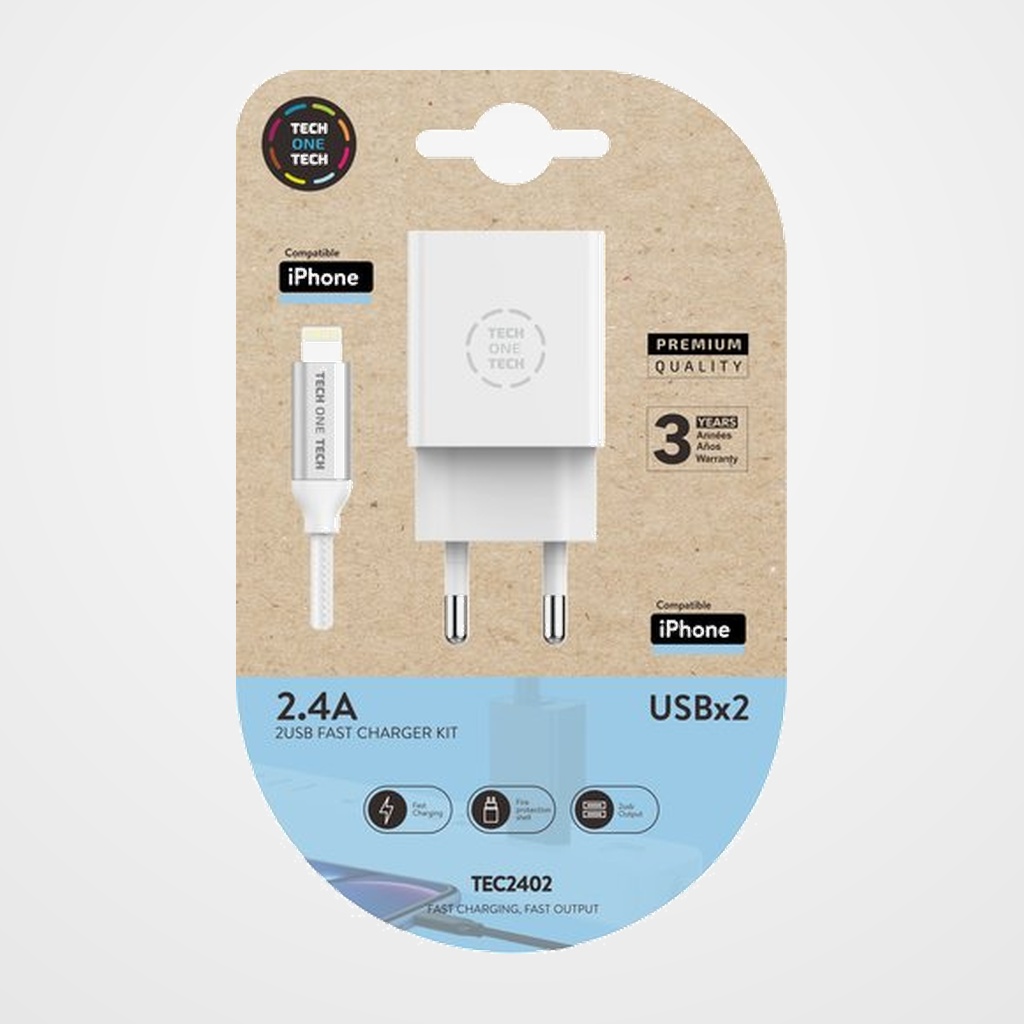 CARGADOR TECH-ONE-TECH DOBLE PARED BLANCO + CABLE USB-LIGHTNING ALTO RENDIMIENTO 2,4A