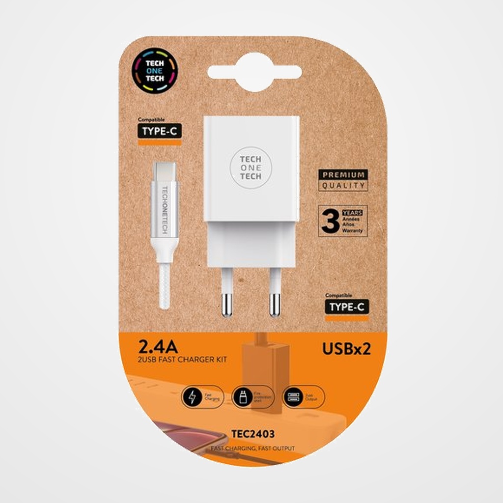 CARGADOR TECH-ONE-TECH DOBLE PARED BLANCO + CABLE USB-USB-C ALTO RENDIMIENTO 2,4A