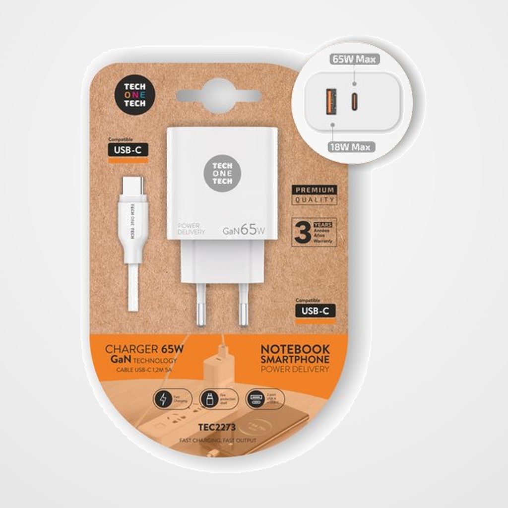 CARGADOR TECH-ONE-TECH DOBLE PARED BLANCO USB + USB-C + CABLE USB-C - USB-C ALTO RENDIMIENTO 65W