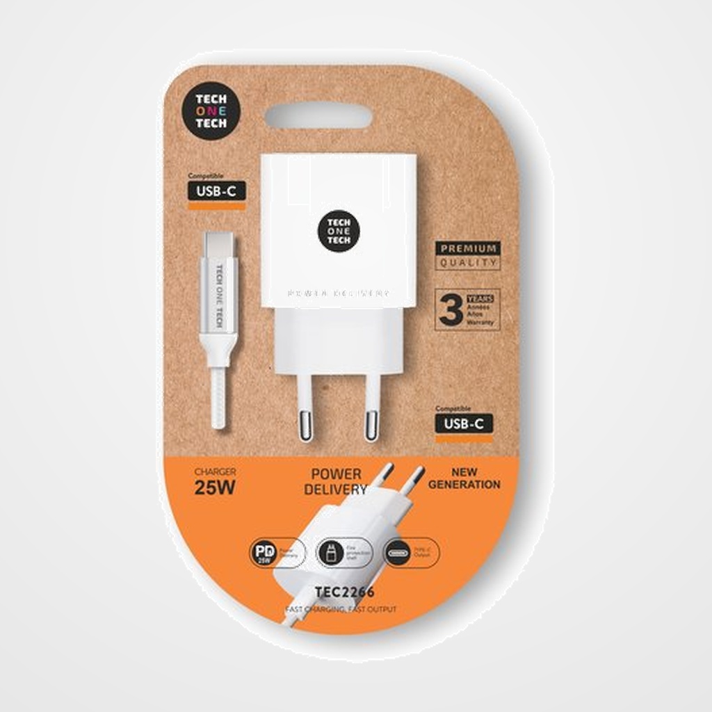 CARGADOR TECH-ONE-TECH PARED BLANCO + CABLE USB-C - USB-C ALTO RENDIMIENTO PD 20W