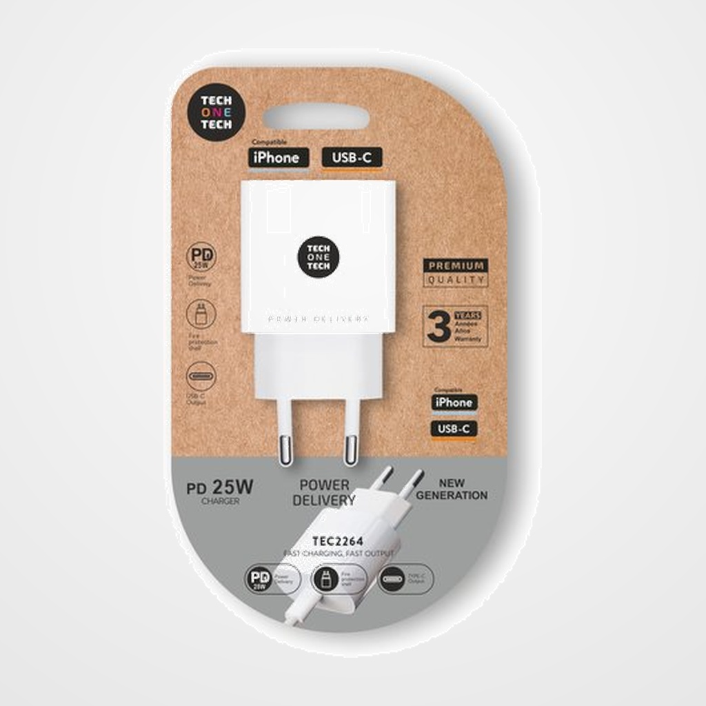 CARGADOR TECH-ONE-TECH PARED BLANCO USB-C 3.0 ULTRARRAPIDO 20W