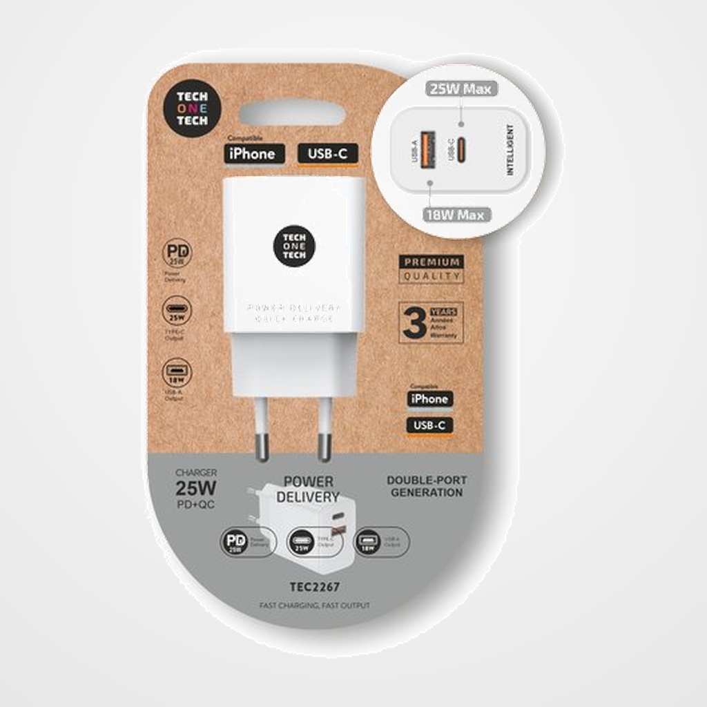 CARGADOR TECH-ONE-TECH PARED BLANCO USB-C/USB-A 30W