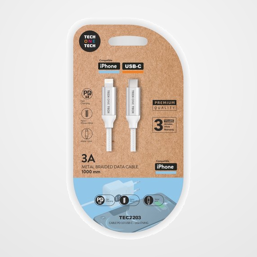 CABLE TECH-ONE-TECH USB-C-LIGHTNING ALTO RENDIMIENTO 3A BLANCO 1 m.