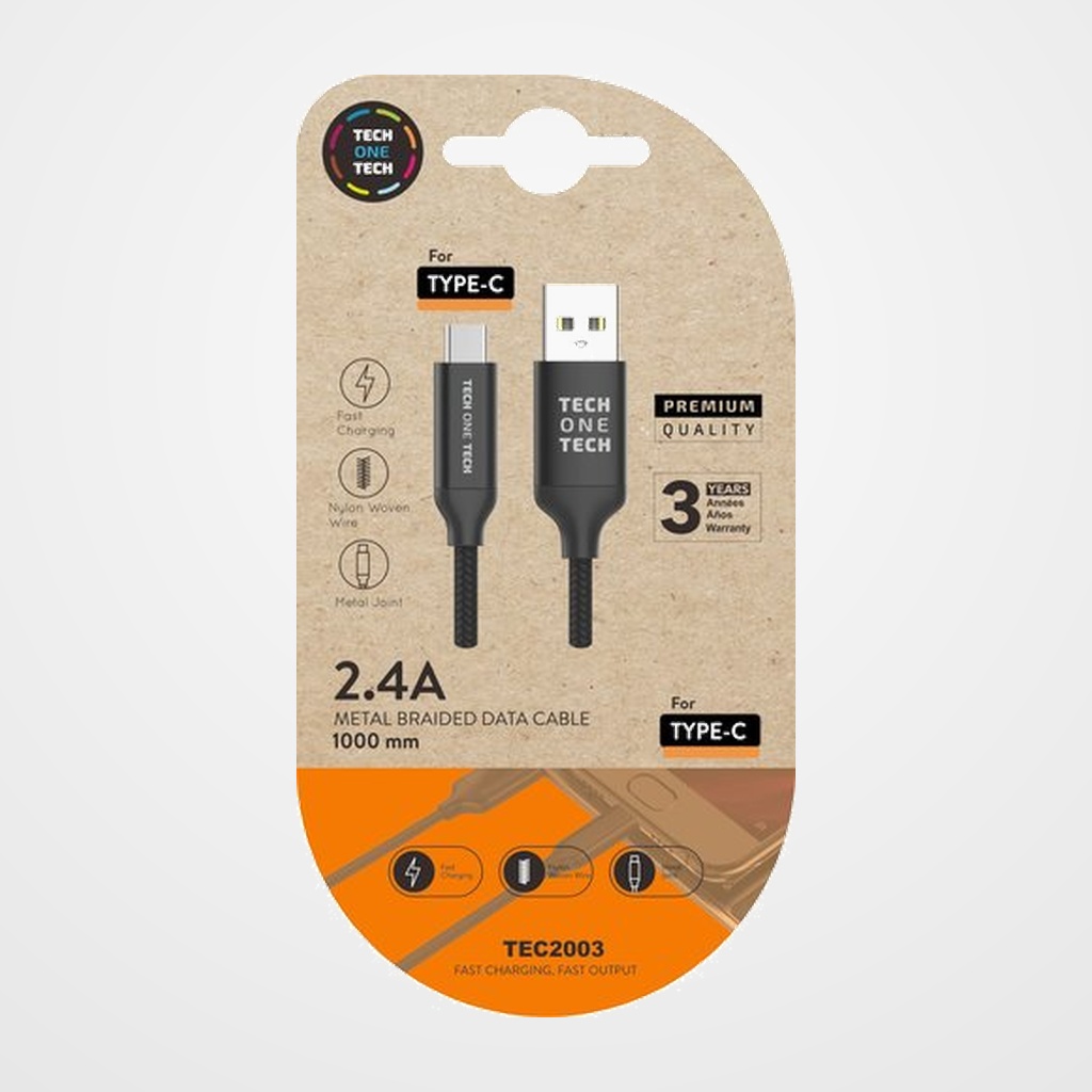 CABLE TECH-ONE-TECH USB-C-USB-A ALTO RENDIMIENTO 2.4A NEGRO 1 m.