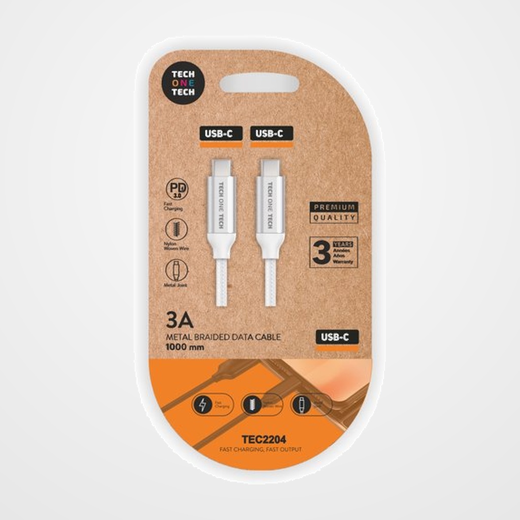 CABLE TECH-ONE-TECH USB-C-USB-C ALTO RENDIMIENTO 3A BLANCO 1 m.
