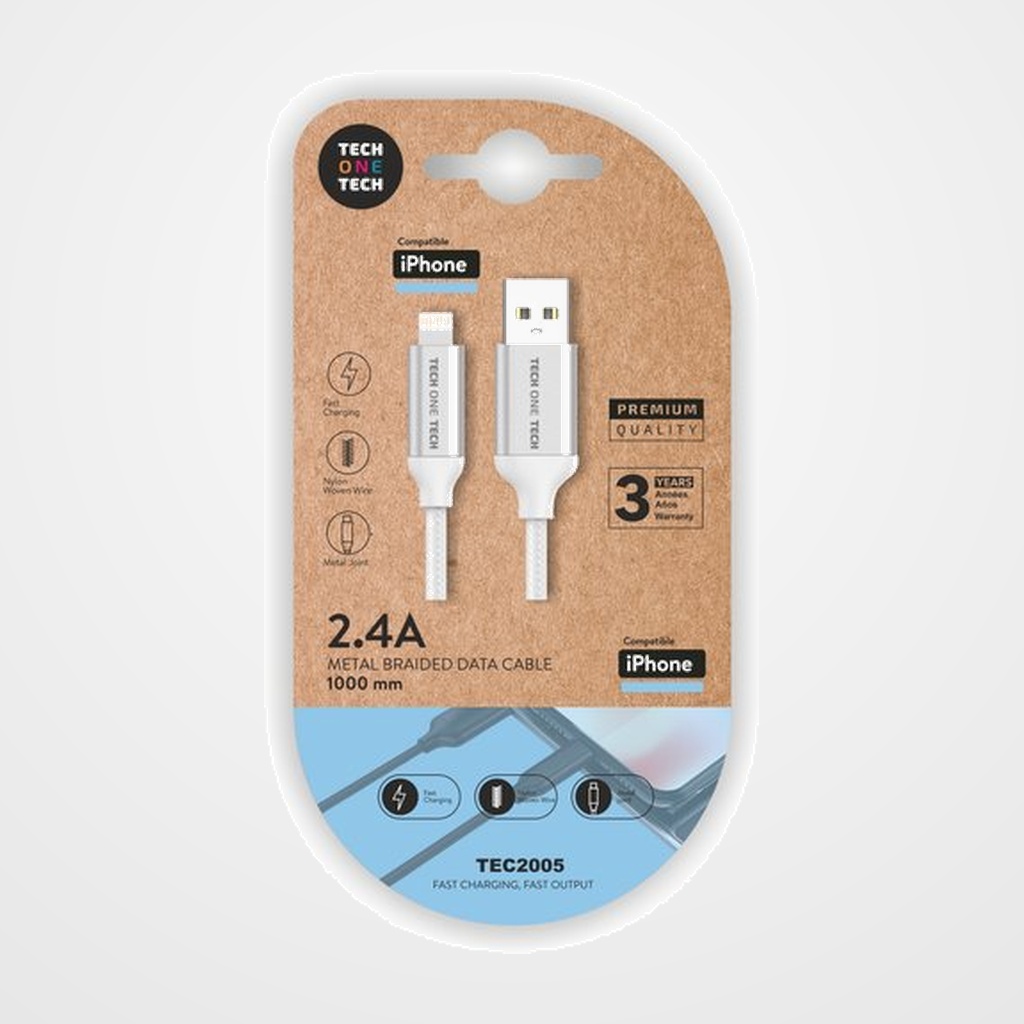 CABLE TECH-ONE-TECH USB-LIGHTNING ALTO RENDIMIENTO 2,4A BLANCO 1 m.
