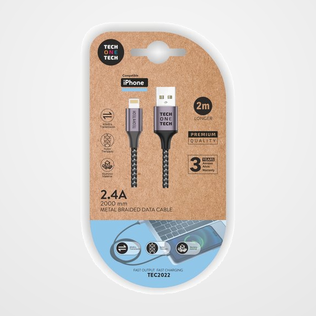CABLE TECH-ONE-TECH USB-LIGHTNING ALTO RENDIMIENTO 2,4A GRIS 2 m.