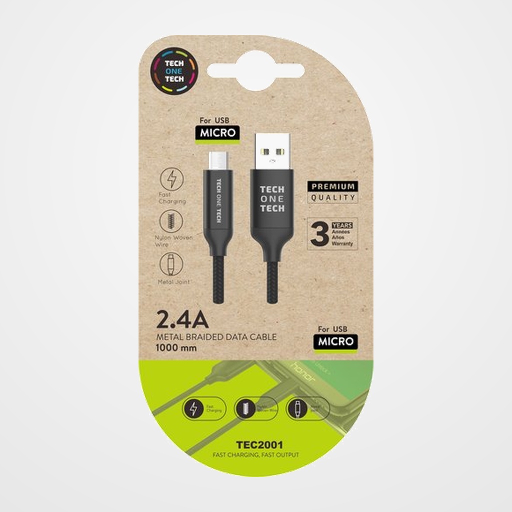 CABLE TECH-ONE-TECH USB-MICRO USB ALTO RENDIMIENTO 2,4A NEGRO 1 m.