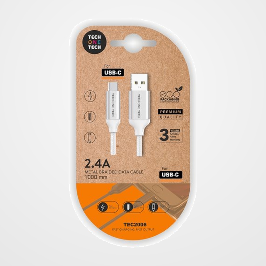 CABLE TECH-ONE-TECH USB-USB-C ALTO RENDIMIENTO 2,4A BLANCO 1 m.