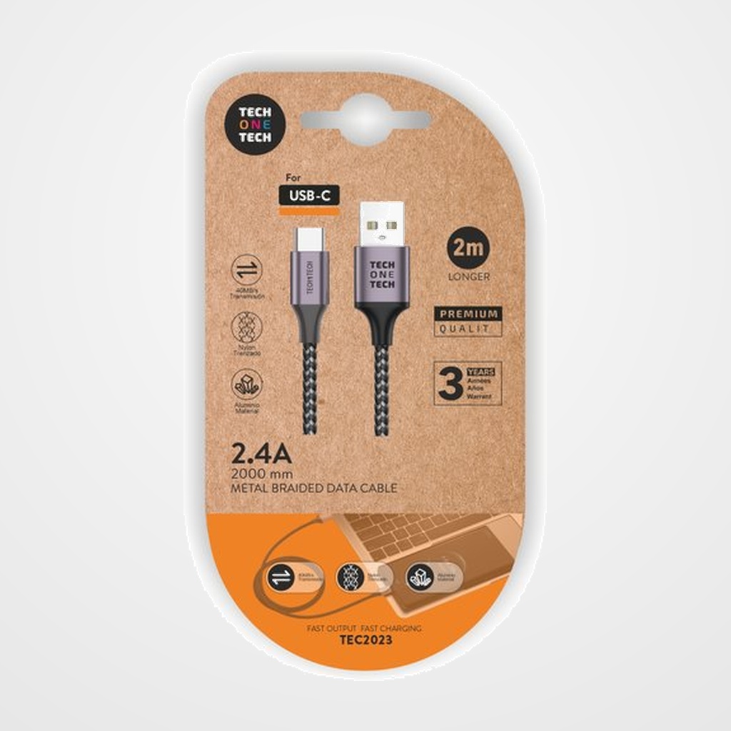 CABLE TECH-ONE-TECH USB-USB-C ALTO RENDIMIENTO 2,4A GRIS 2 m.