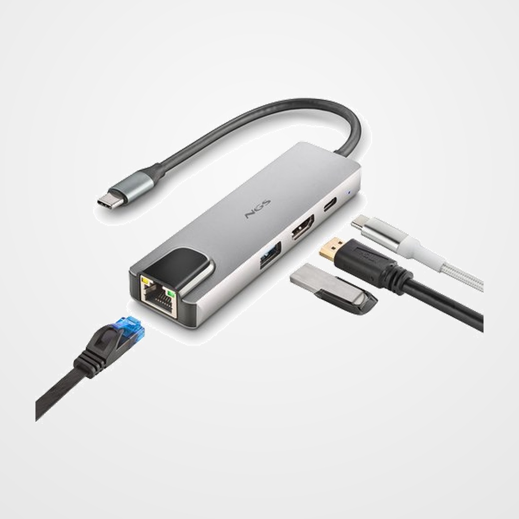 ADAPTADOR MULTIPUERTO USB-C DE ALUMINIO 4 EN 1 (1x USB 3.0, 1x HDMI 4K, 1x USB-C carga, 1x RJ45)