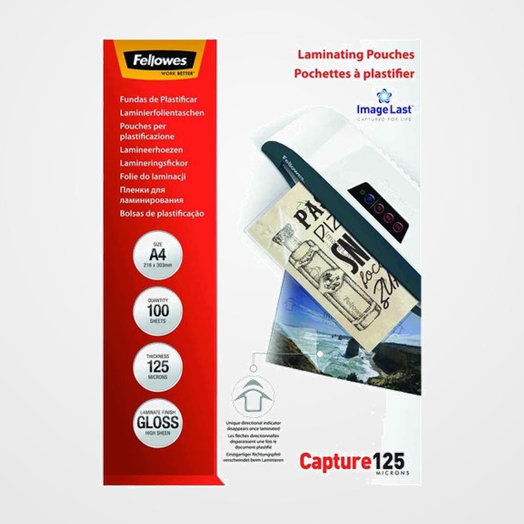 FUNDA PLASTIFICAR FELLOWES BRILLO 216x303 (A4) 125µ PAQUETE de 100