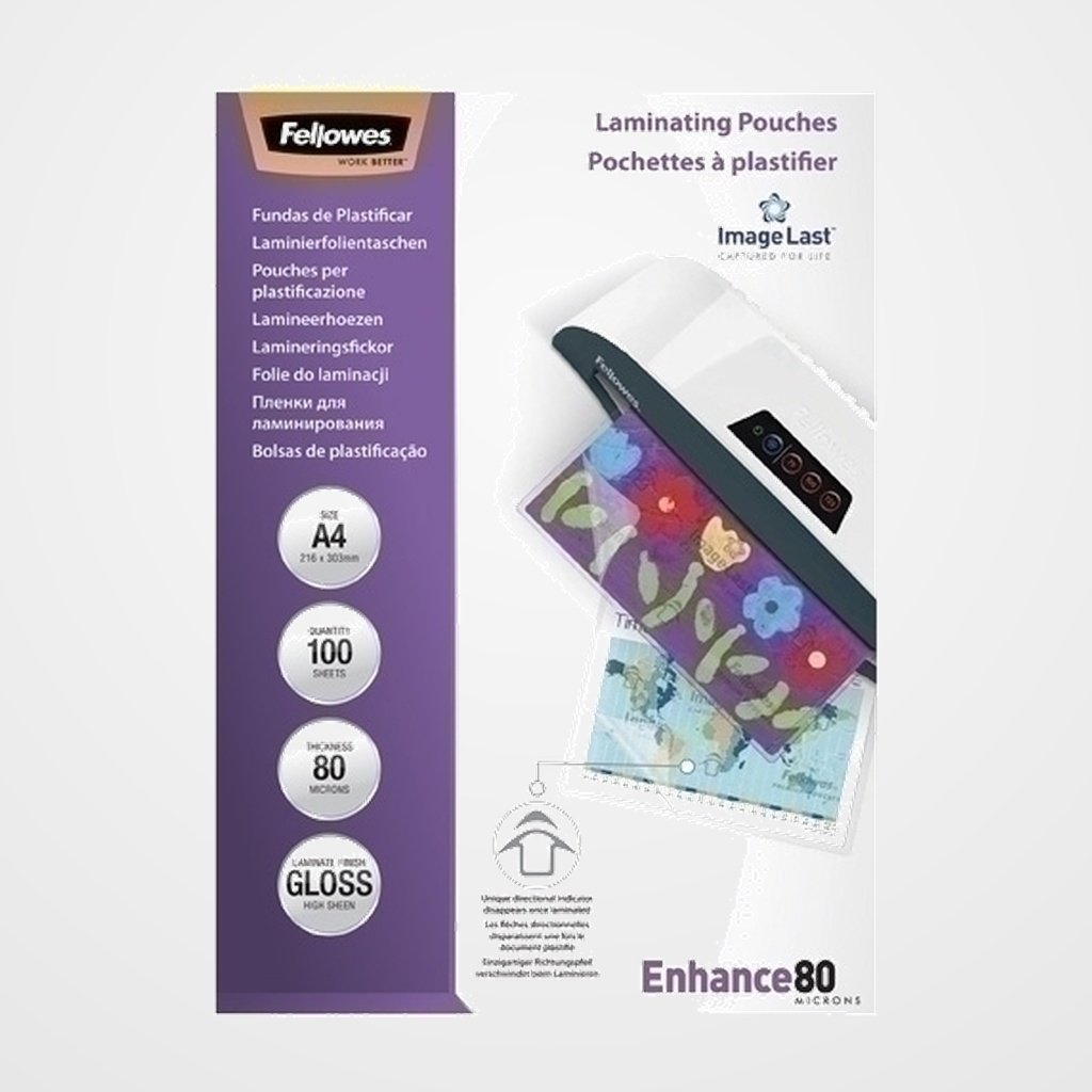 FUNDA PLASTIFICAR FELLOWES BRILLO 216x303 (A4) 80µ PAQUETE de 100