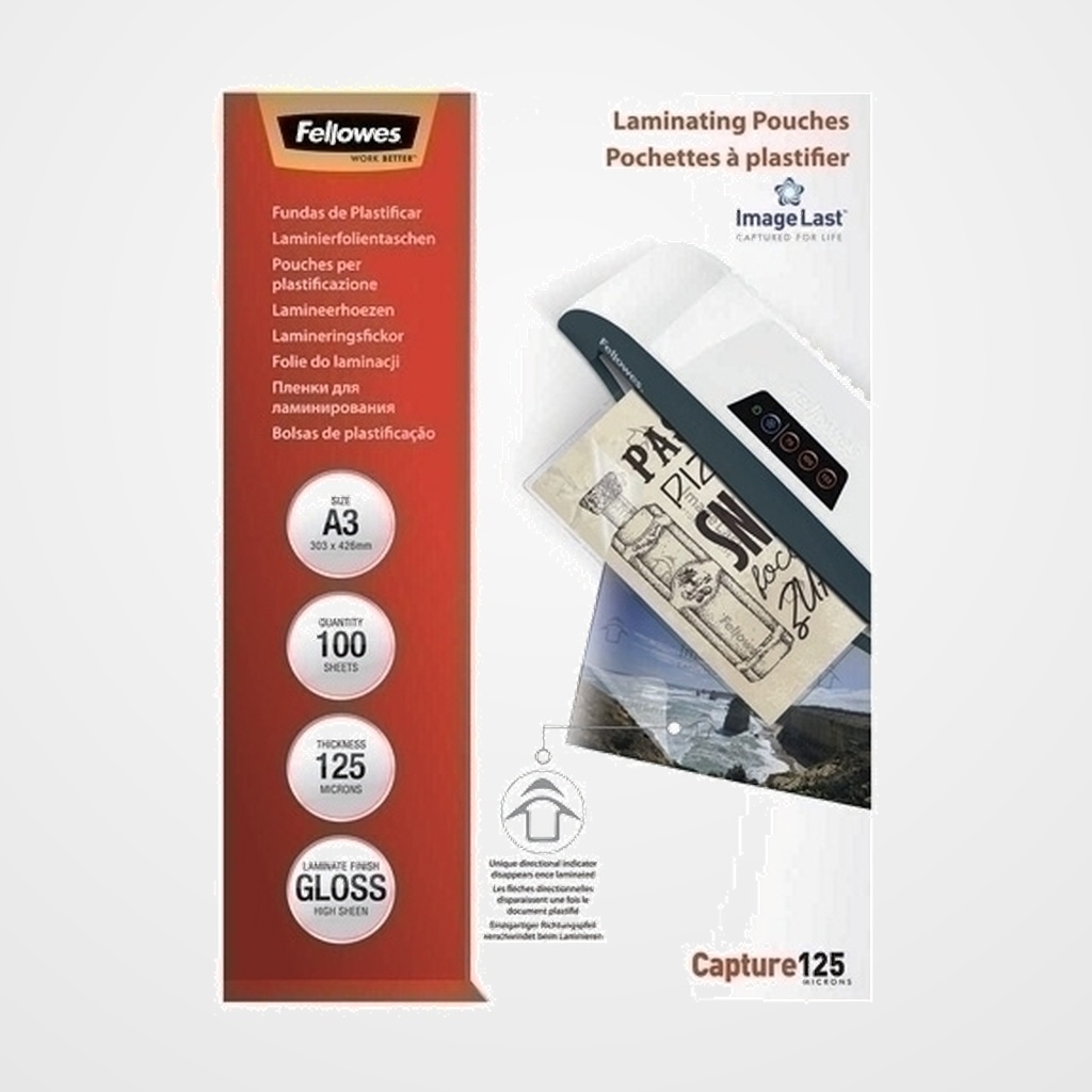 FUNDA PLASTIFICAR FELLOWES BRILLO 303x426 (A3) 125µ PAQUETE de 100