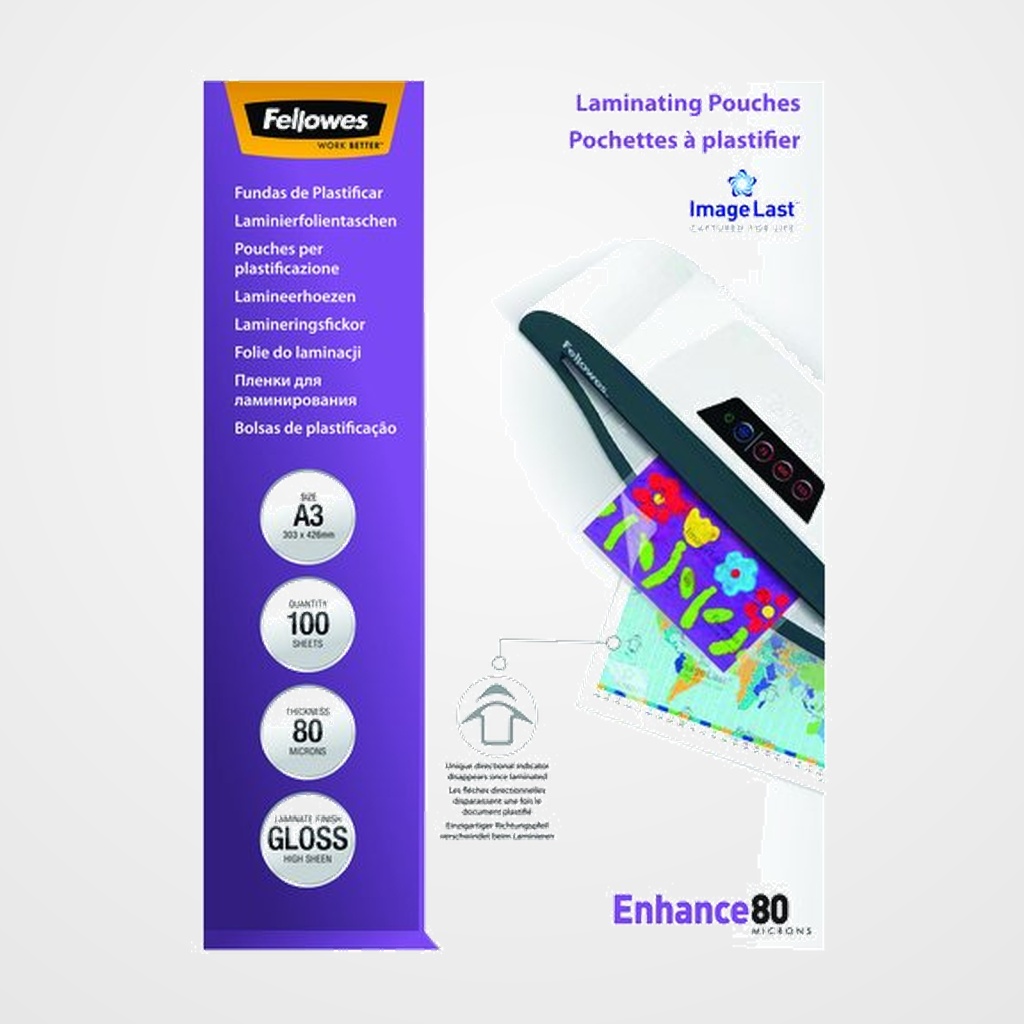 FUNDA PLASTIFICAR FELLOWES BRILLO 303x426 (A3) 80µ PAQUETE de 100