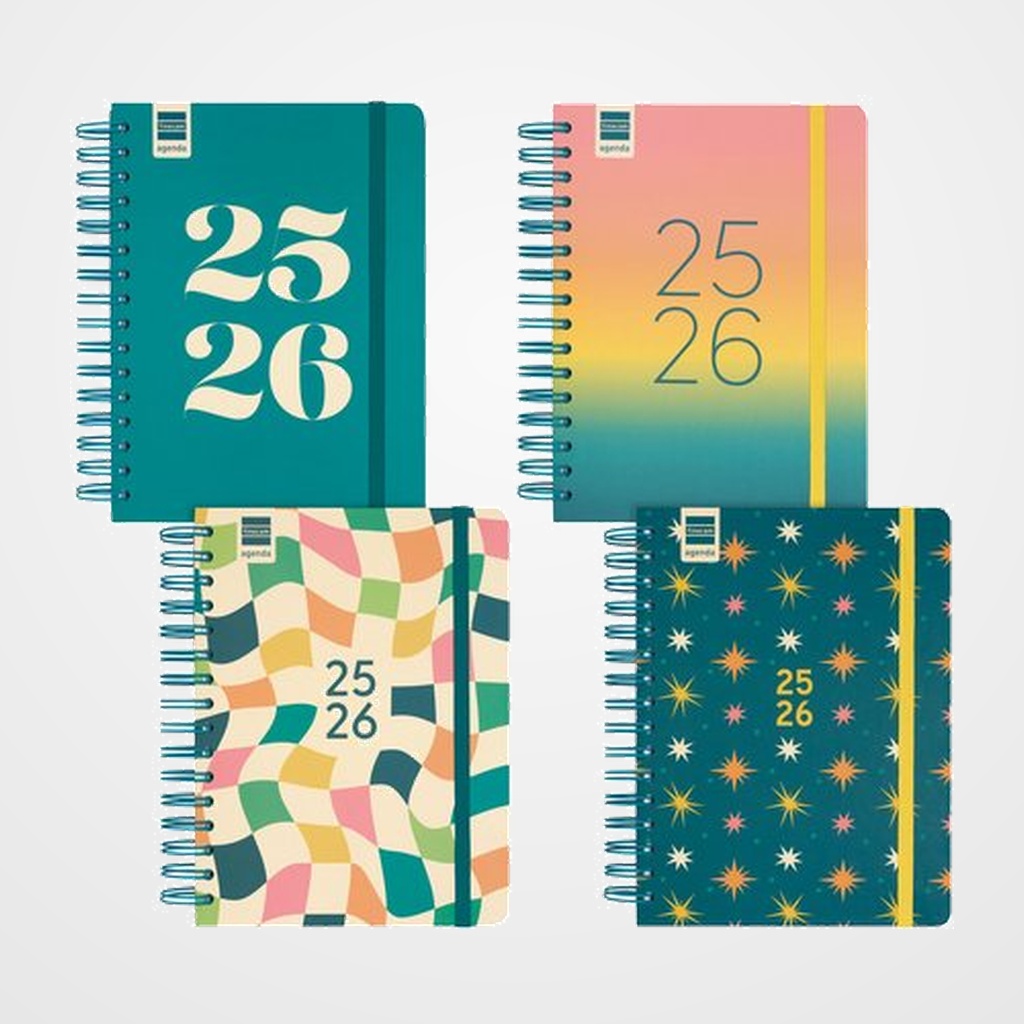 [82503754] AGENDA ESCOLAR (2025-26) FINOCAM COSMO WIRE-O tapa EXTRA D/P 4º 155x212 con GOMA SURTIDO PACK de 4