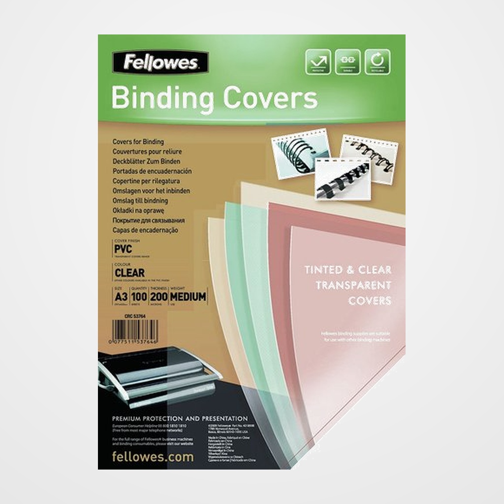 TAPA de ENCUADERNAR FELLOWES A3 0,2 mm PVC (40% RECICLADO) CRISTAL CAJA de 100