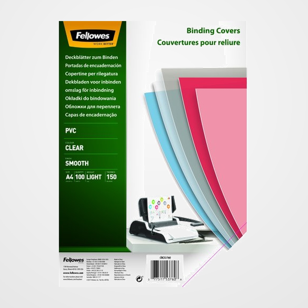 TAPA de ENCUADERNAR FELLOWES A4 0,15 mm PVC (40% RECICLADO) CRISTAL CAJA de 100