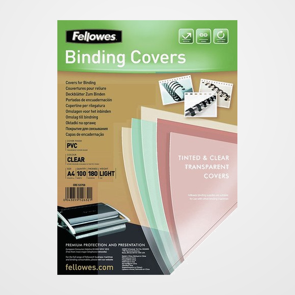 TAPA de ENCUADERNAR FELLOWES A4 0,18 mm PVC (40% RECICLADO) CRISTAL CAJA de 100