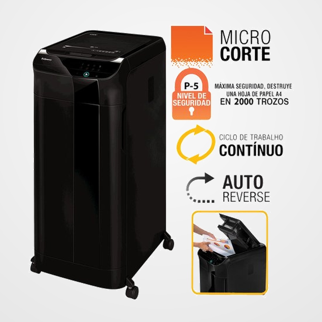 DESTRUCTORA FELLOWES AUTOMAX 600M (600h PARTIC.) Nv.seg.5 - partícula 2x12mm, ancho 230mm, dep.83L
