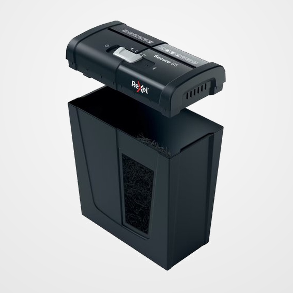 DESTRUCTORA REXEL SECURE S5 NEGRO (5h TIRAS) Nv.seg.2 - particula 6mm dep.10L