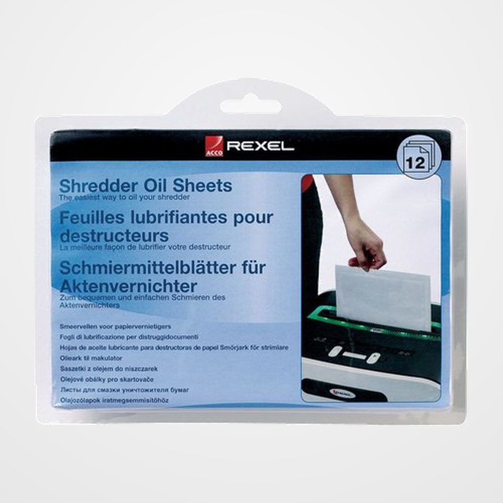 ACEITE para DESTRUCTORAS REXEL en HOJAS PACK de 12