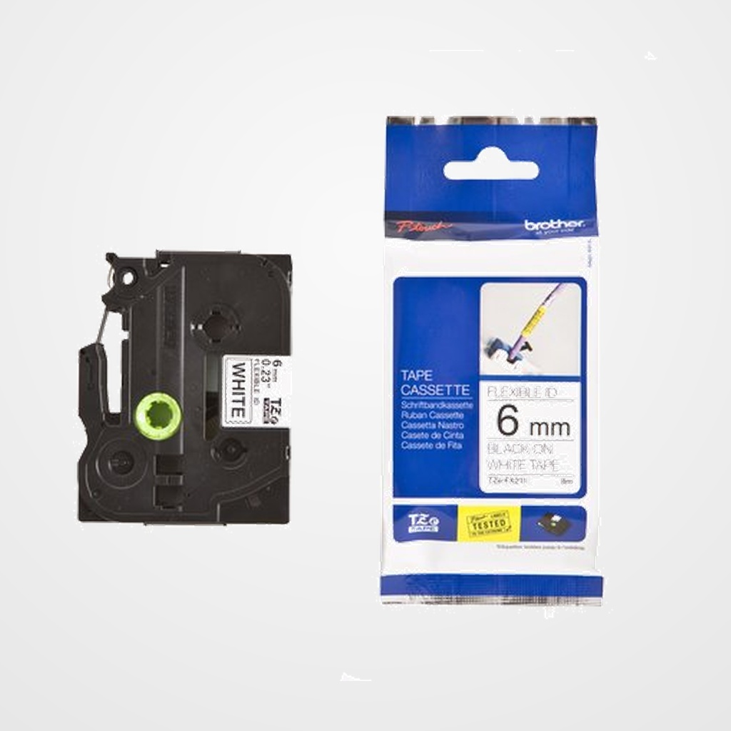 CINTA de ROTULAR BROTHER LAMINADA FLEXIBLE 8m  6mm NEGRO sobre BLANCO