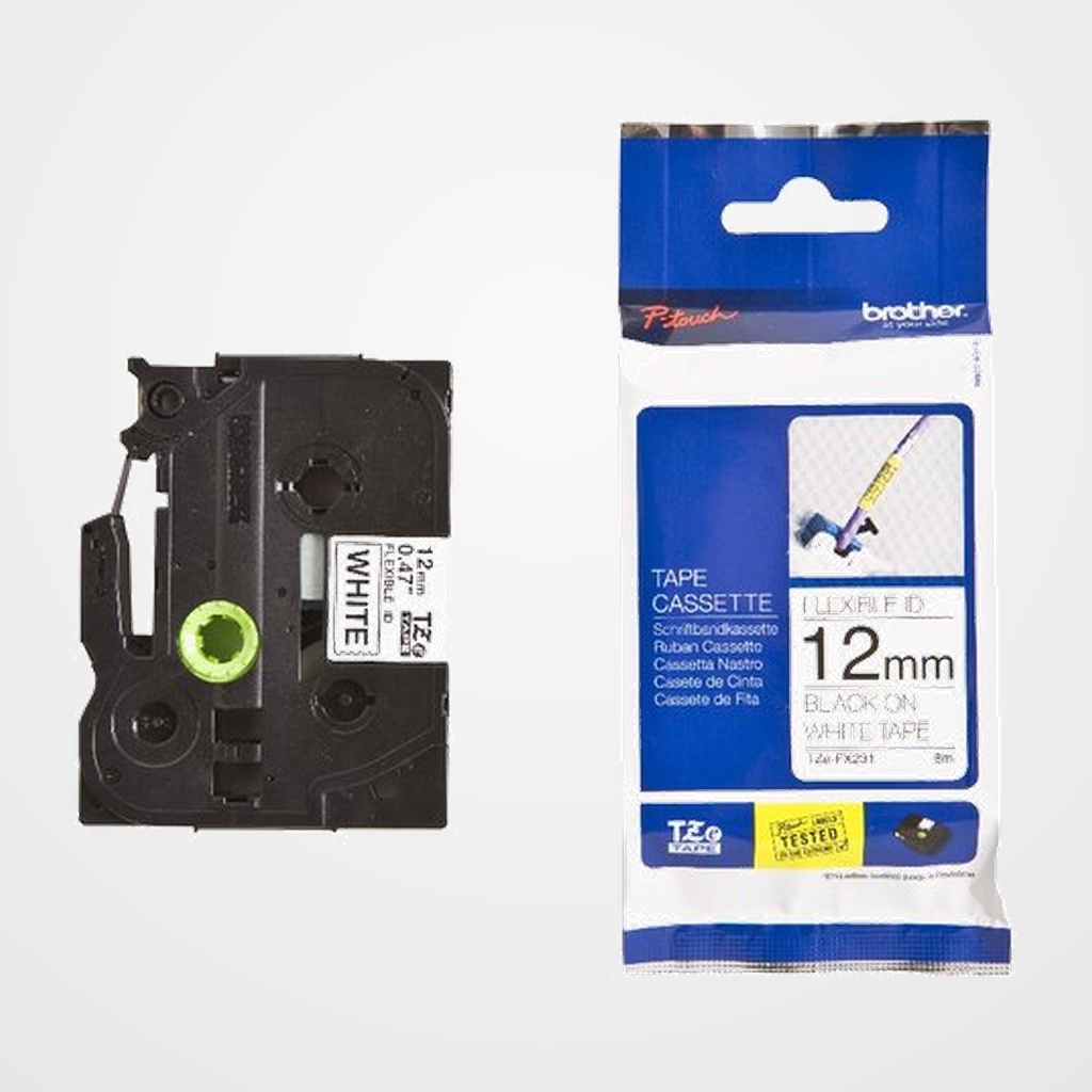 CINTA de ROTULAR BROTHER LAMINADA FLEXIBLE 8m 12mm NEGRO sobre BLANCO
