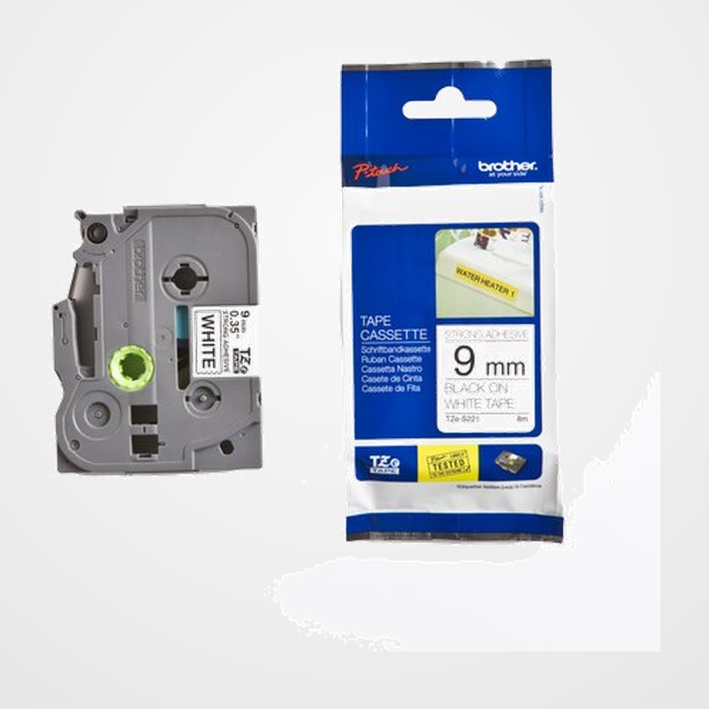 CINTA de ROTULAR BROTHER LAMINADA SUPER ADHESIVA 8m 9mm NEGRO sobre BLANCO