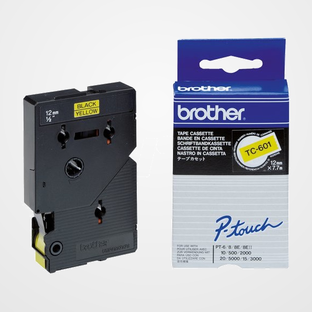 CINTA de ROTULAR BROTHER LAMINADA 7,7m 12mm NEGRO sobre AMARILLO