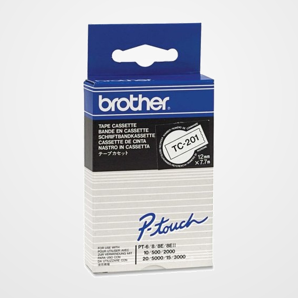 CINTA de ROTULAR BROTHER LAMINADA 7,7m 12mm NEGRO sobre BLANCO
