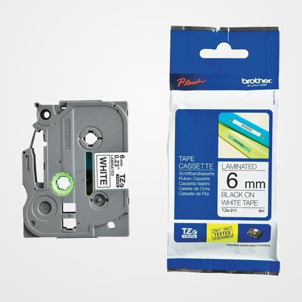 CINTA de ROTULAR BROTHER LAMINADA 8m  6mm NEGRO sobre BLANCO