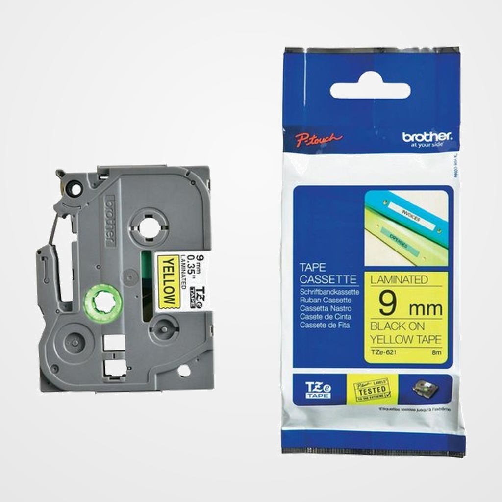 CINTA de ROTULAR BROTHER LAMINADA 8m  9mm NEGRO sobre AMARILLO