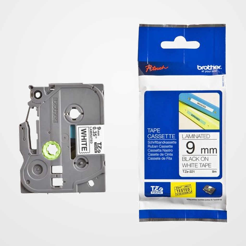 CINTA de ROTULAR BROTHER LAMINADA 8m  9mm NEGRO sobre BLANCO