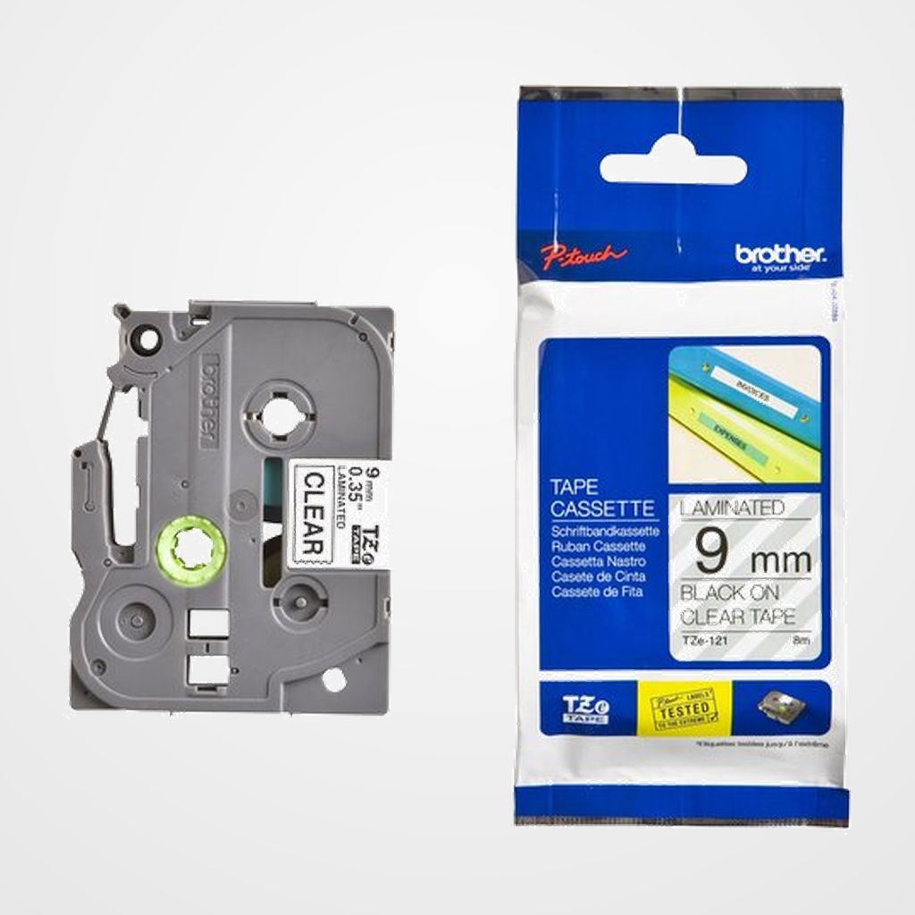 CINTA de ROTULAR BROTHER LAMINADA 8m  9mm NEGRO sobre TRANSPARENTE