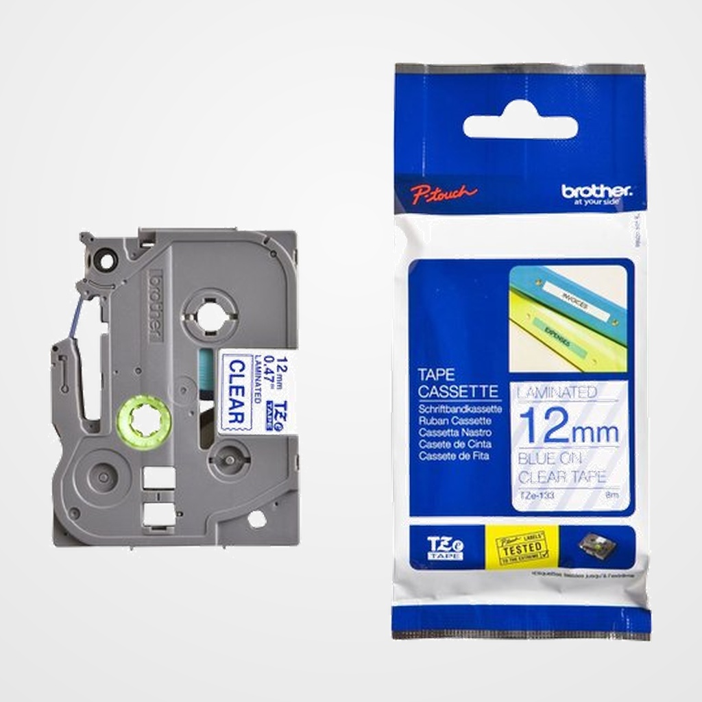 CINTA de ROTULAR BROTHER LAMINADA 8m 12mm AZUL sobre TRANSPARENTE