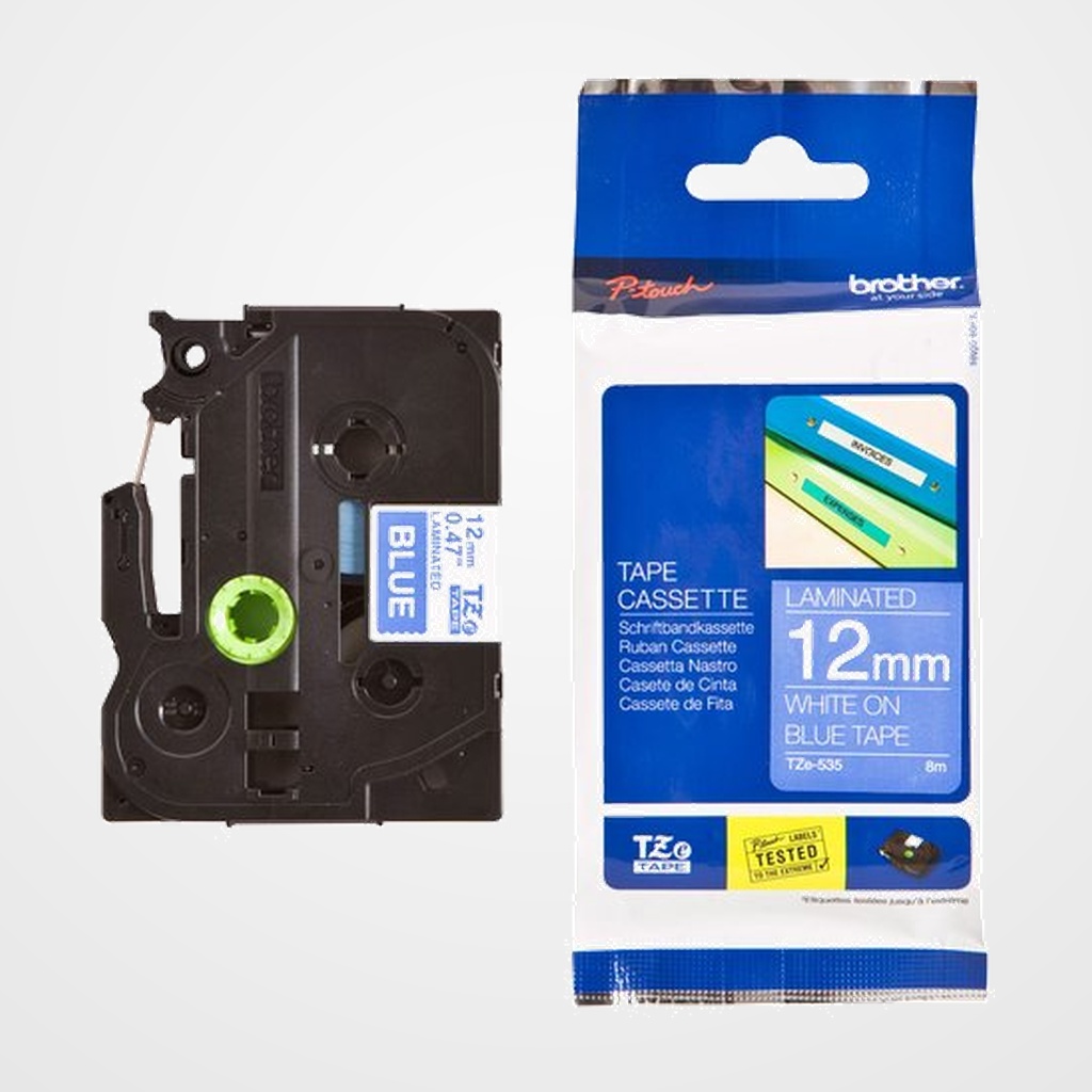 CINTA de ROTULAR BROTHER LAMINADA 8m 12mm BLANCO sobre AZUL