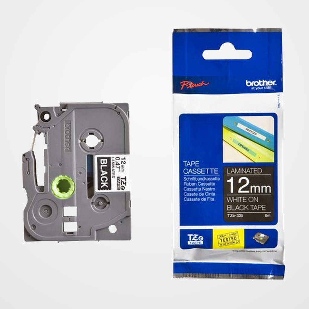 CINTA de ROTULAR BROTHER LAMINADA 8m 12mm BLANCO sobre NEGRO