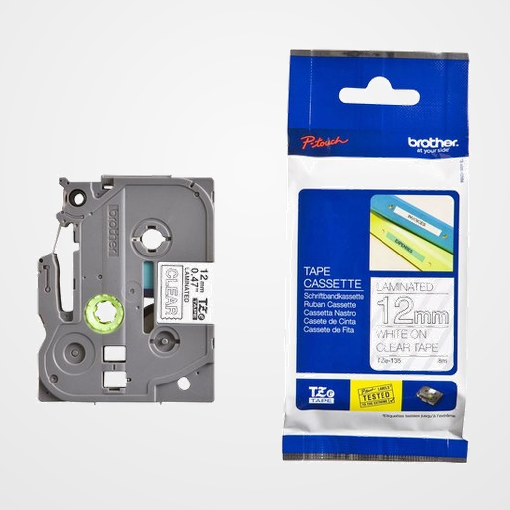 CINTA de ROTULAR BROTHER LAMINADA 8m 12mm BLANCO sobre TRANSPARENTE