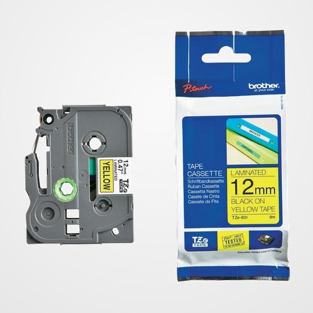 CINTA de ROTULAR BROTHER LAMINADA 8m 12mm NEGRO sobre AMARILLO