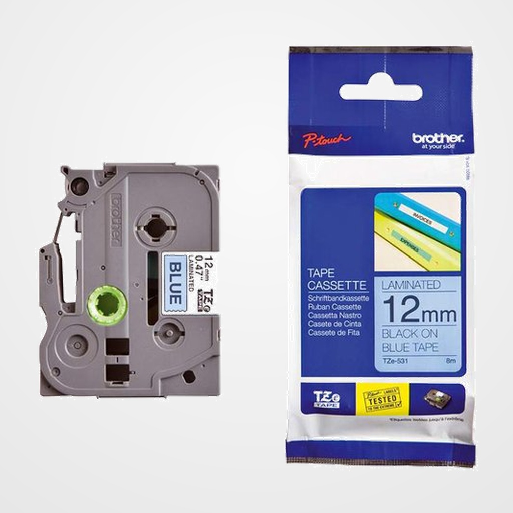 CINTA de ROTULAR BROTHER LAMINADA 8m 12mm NEGRO sobre AZUL