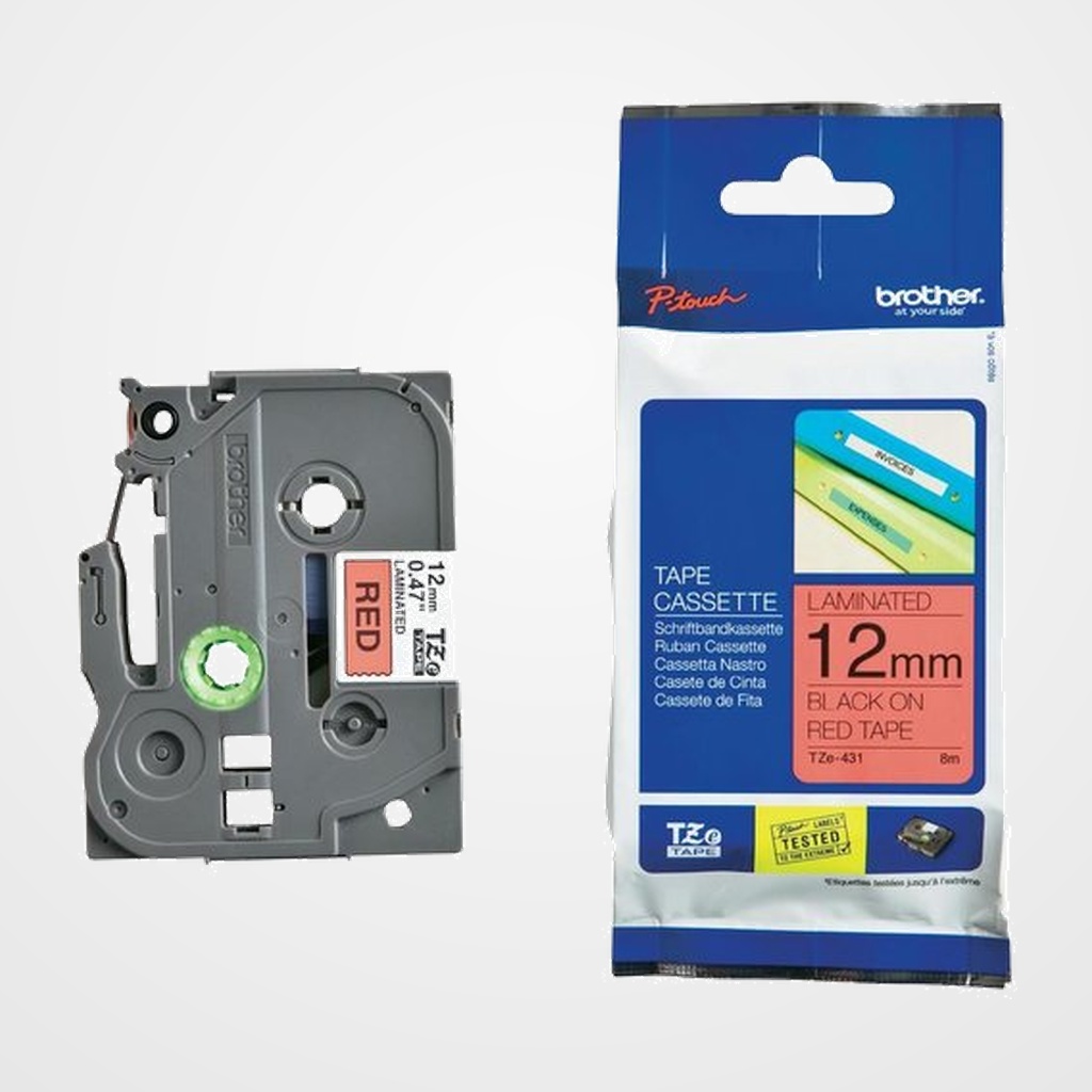 CINTA de ROTULAR BROTHER LAMINADA 8m 12mm NEGRO sobre ROJO