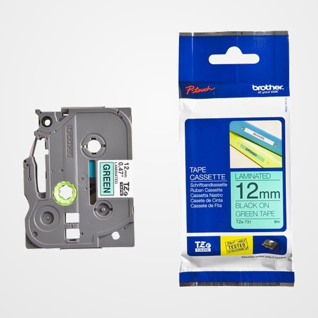CINTA de ROTULAR BROTHER LAMINADA 8m 12mm NEGRO sobre VERDE