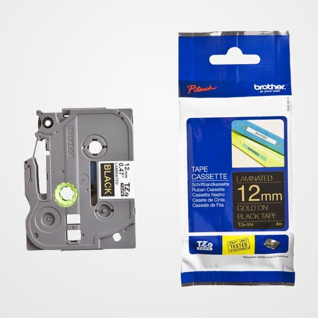 CINTA de ROTULAR BROTHER LAMINADA 8m 12mm ORO sobre NEGRO
