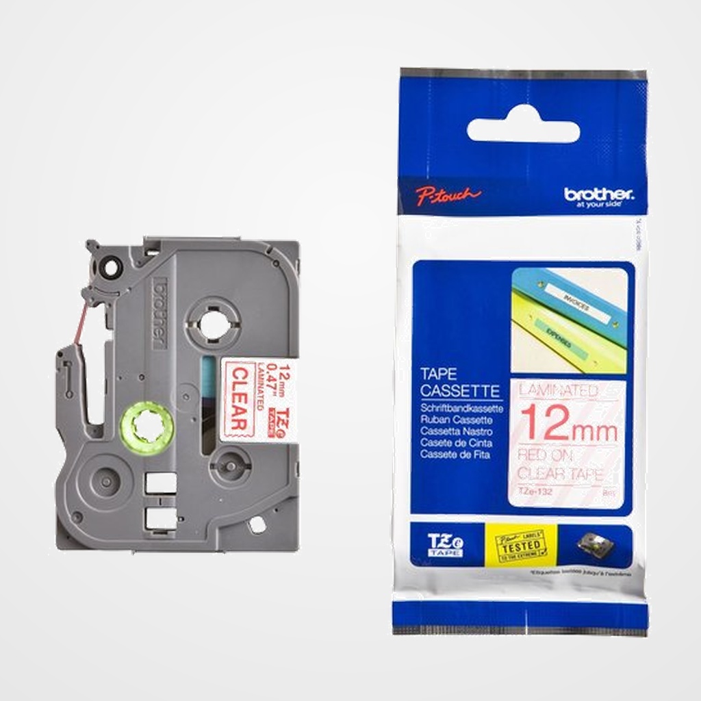 CINTA de ROTULAR BROTHER LAMINADA 8m 12mm ROJO sobre TRANSPARENTE