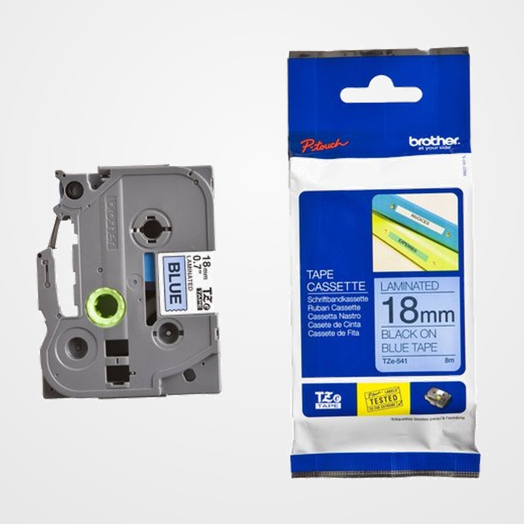 CINTA de ROTULAR BROTHER LAMINADA 8m 18mm NEGRO sobre AZUL