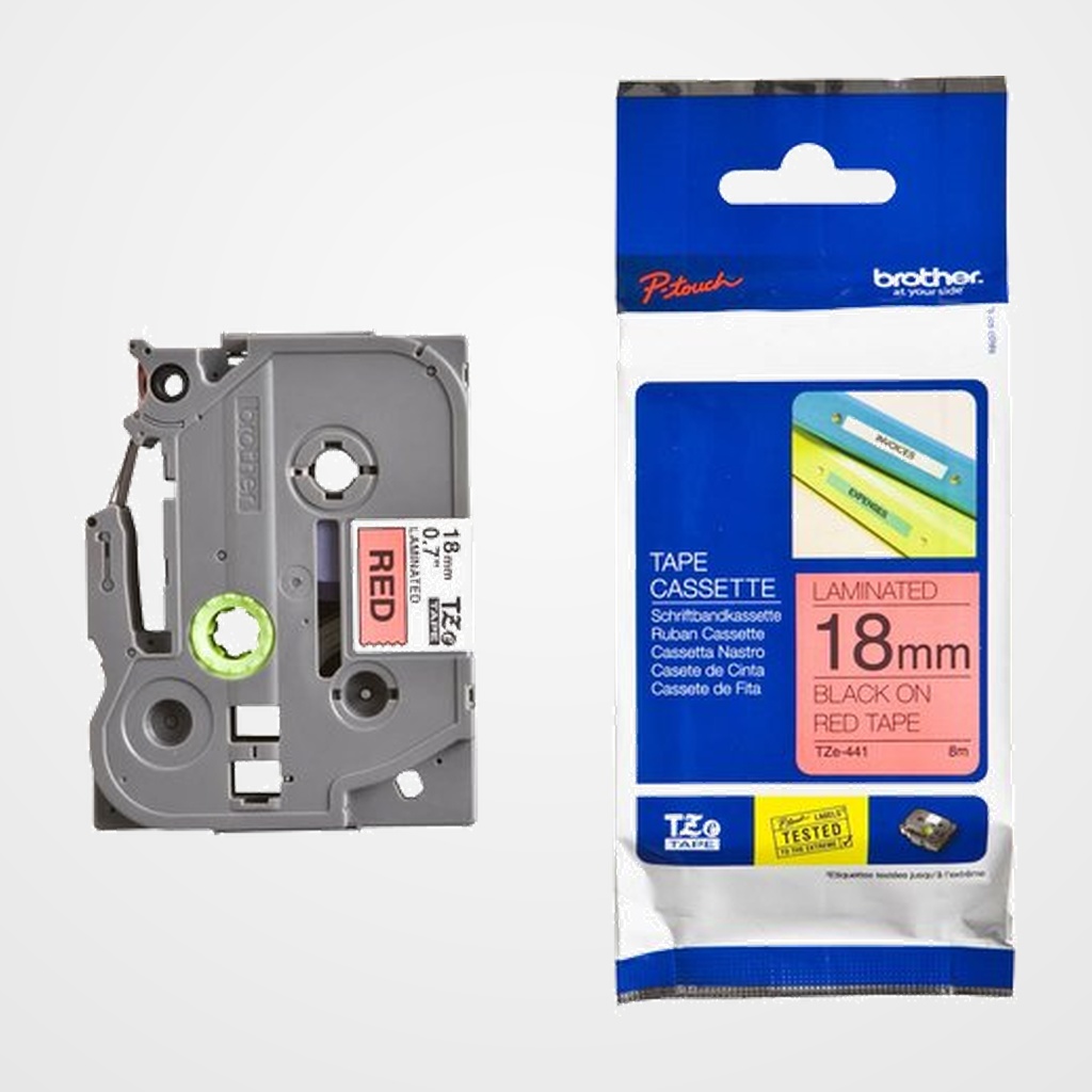 CINTA de ROTULAR BROTHER LAMINADA 8m 18mm NEGRO sobre ROJO