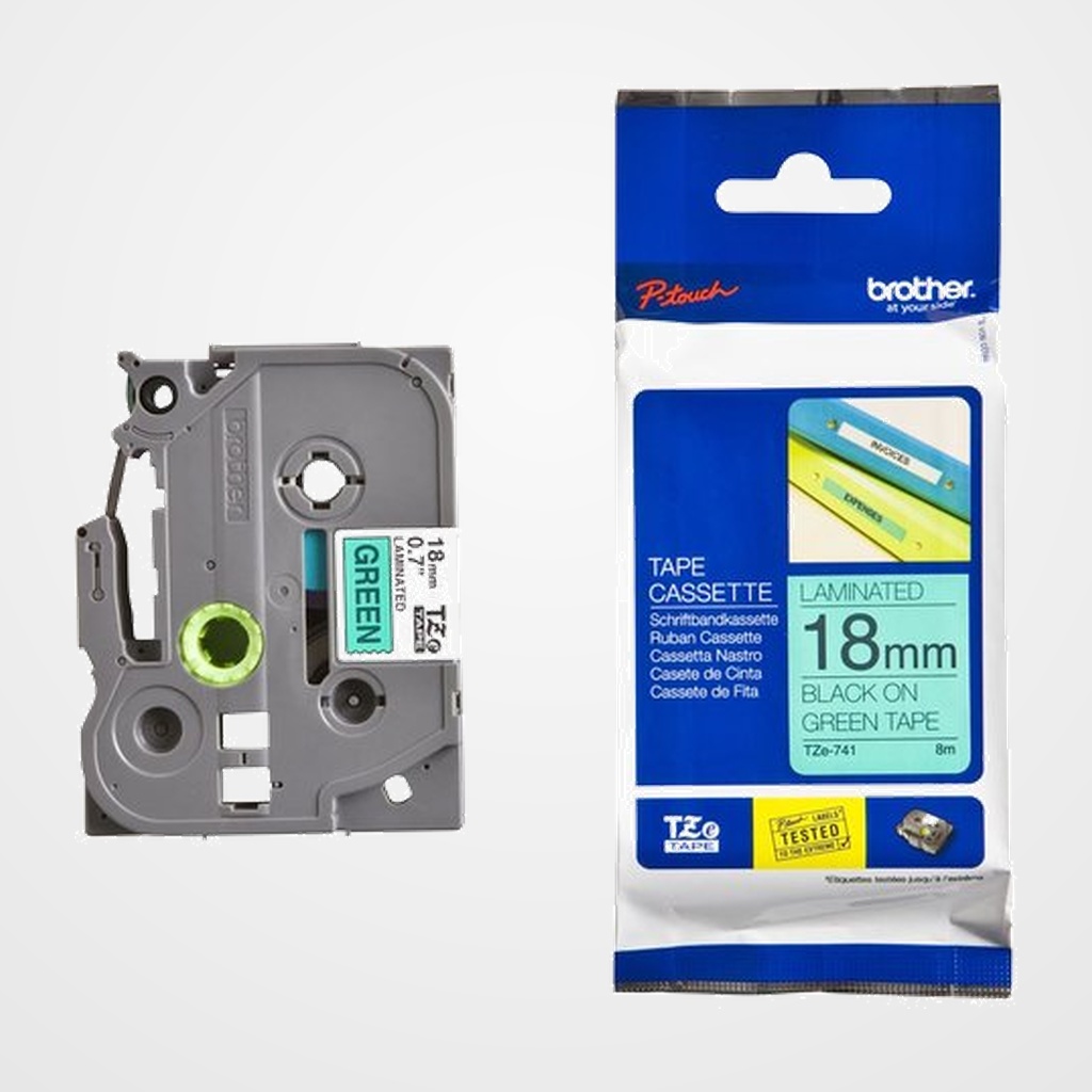 CINTA de ROTULAR BROTHER LAMINADA 8m 18mm NEGRO sobre VERDE