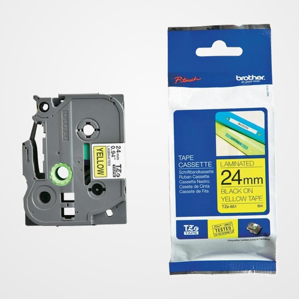 CINTA de ROTULAR BROTHER LAMINADA 8m 24mm NEGRO sobre AMARILLO